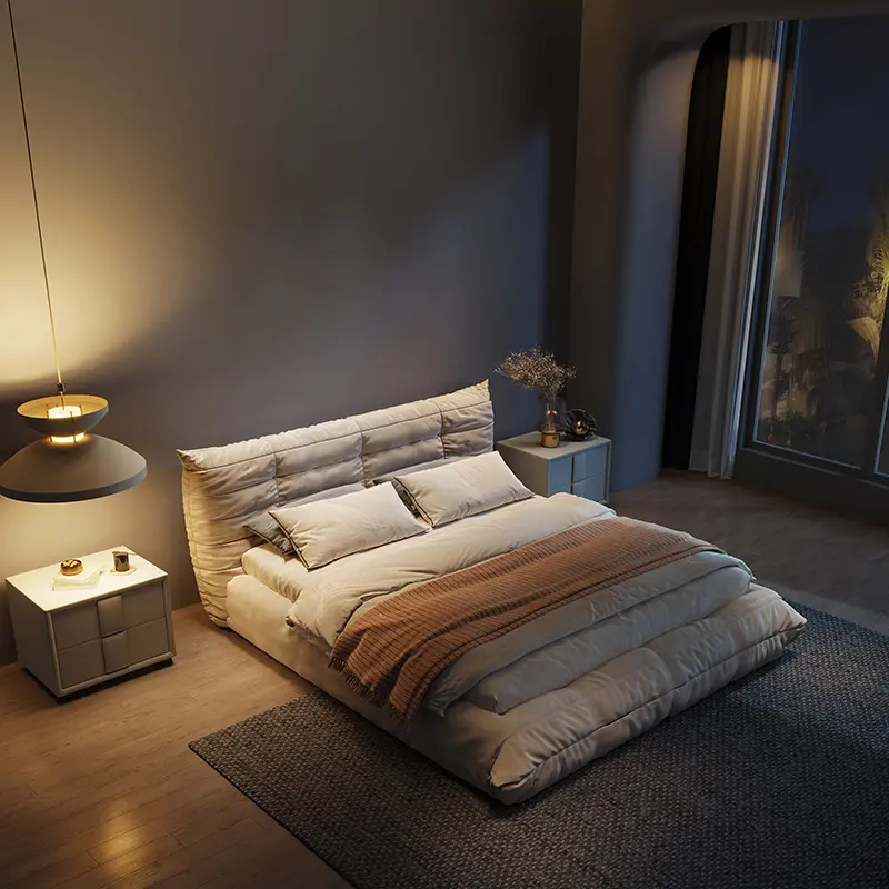 Wabi-sabi style fabric bed master bedroom modern minimalist big bed matte cloth soft caterpillar bed for bedroom furniture