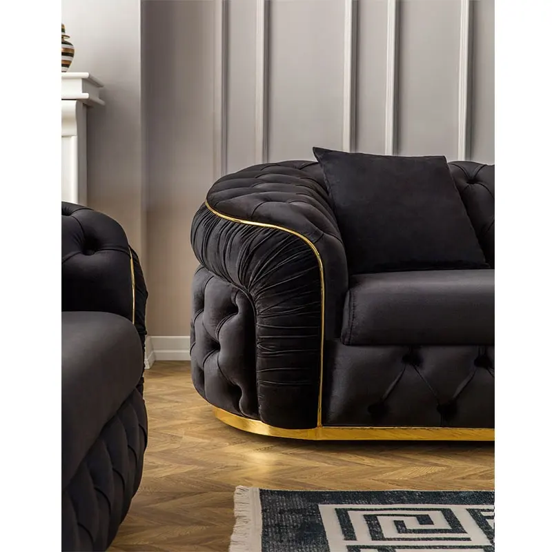 Factory Outlet European Style Luxury Metal Feet Chesterfield Sofa Couches Velvet Pull-Out Plush Living Room Sofa Set Furniture