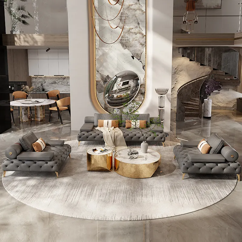 Light Luxury Genuine Leather Italian Sofa American Style Living Room Straight Buckle Home Furniture Big Sofa Set