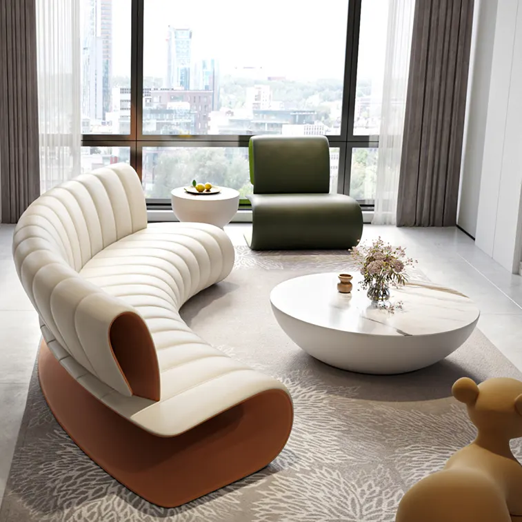 Modern Italian Light Luxury Sofa Large-Scale Curved Leather Sofa Club Leisure White Leather French Sofa