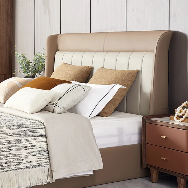 Italian Leather Bed Double Master Bedroom Wedding Bed Nordic Light Luxury Soft Simple Modern Solid Wood Leather Bed