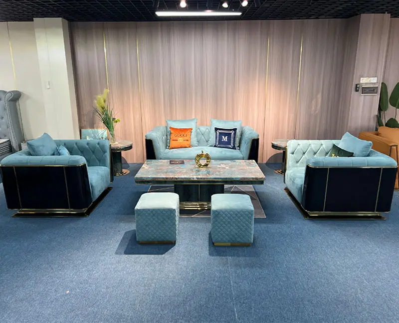 Royal sectional l-shape single loveseat three seater velvet sofa set with coffee table side table
