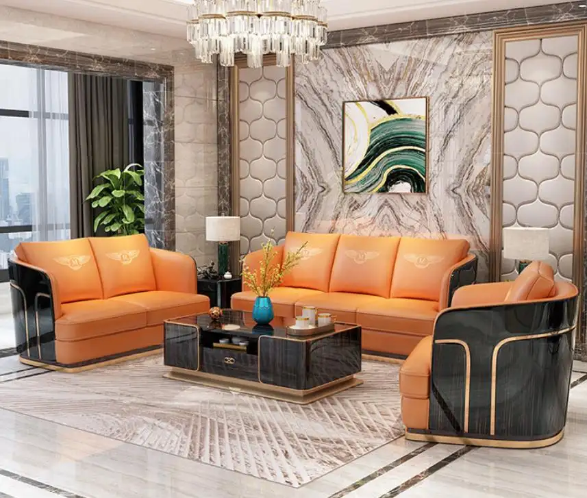 living room 3 seat white black modern leather sofa set with center tables