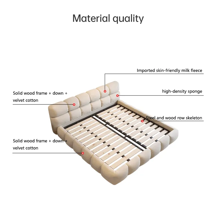 Puff french technology fabric bed home furniture simple modern milk velvet master bed double ins cream style solid wood bed
