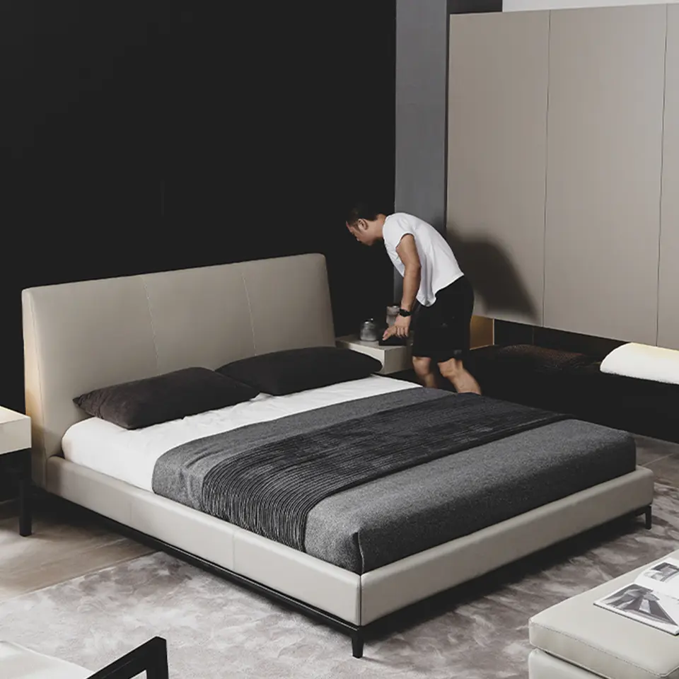Italian leather bed modern luxury furniture bedroom light luxury style high back soft bed double 1.8m king size bed