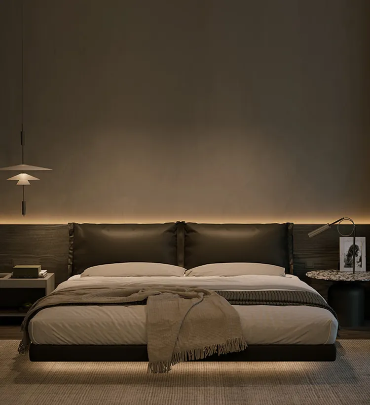 Light luxury minimalist suspension bed modern minimalist big bed Italian master bedroom leather bed for bedroom furniture