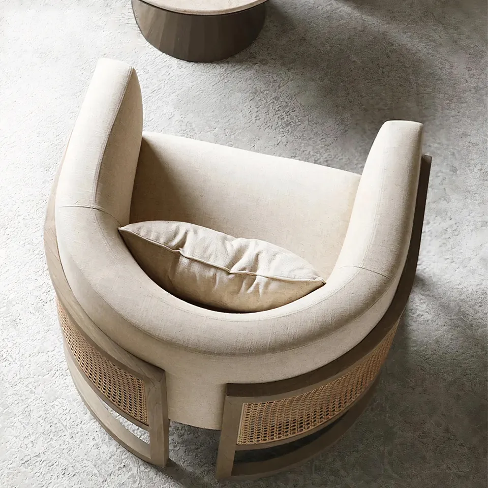 Hotel solid wood salon restaurant single sofa Nordic modern rattan fabric dining living room chairs