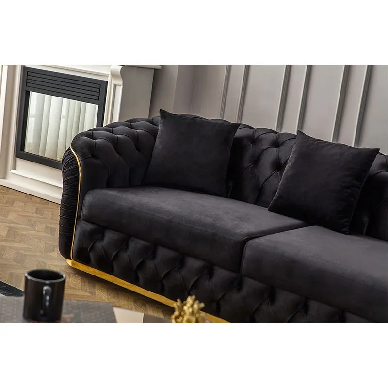 Factory Outlet European Style Luxury Metal Feet Chesterfield Sofa Couches Velvet Pull-Out Plush Living Room Sofa Set Furniture
