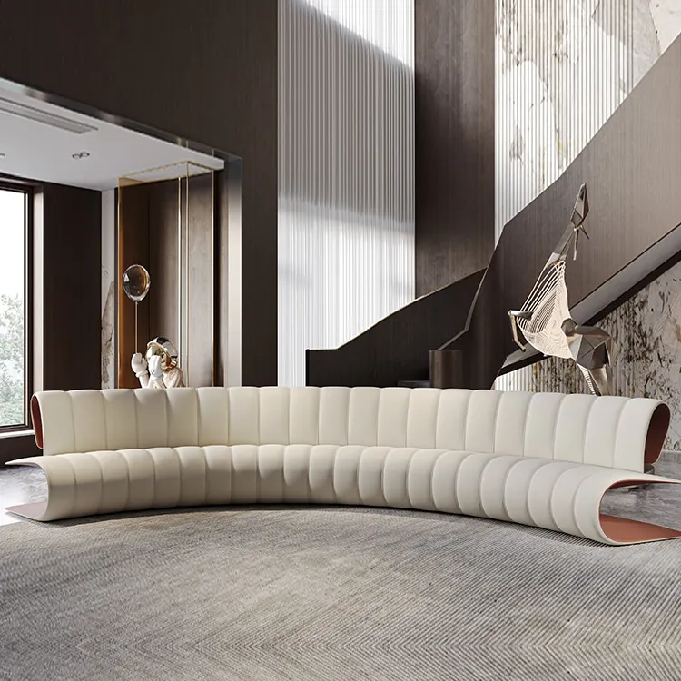 Modern Italian Light Luxury Sofa Large-Scale Curved Leather Sofa Club Leisure White Leather French Sofa