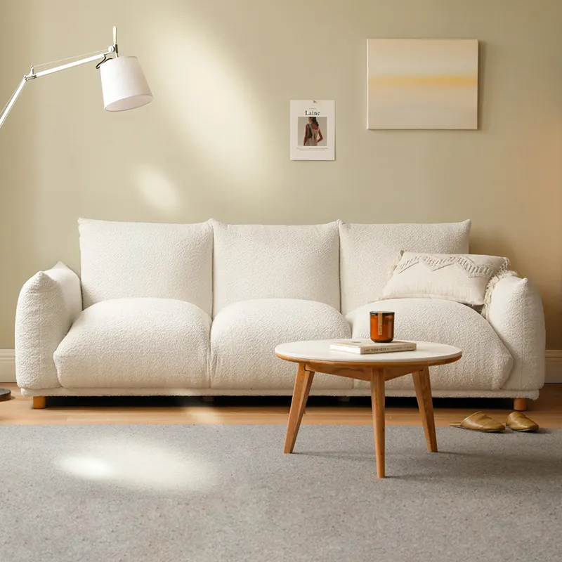 Fabric sofa Japanese style wabi-sabi style living room soft sofa cream style white imitation lamb fleece sofa