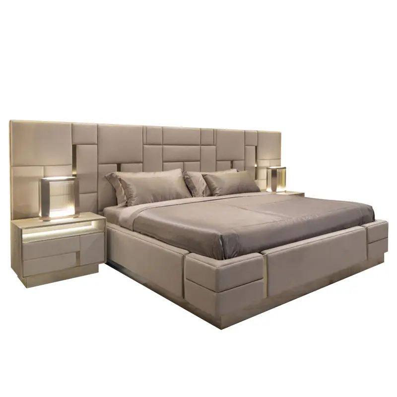 Italian light luxury 1.8 high back double bed bedside table luxury furniture bedroom leather bed set