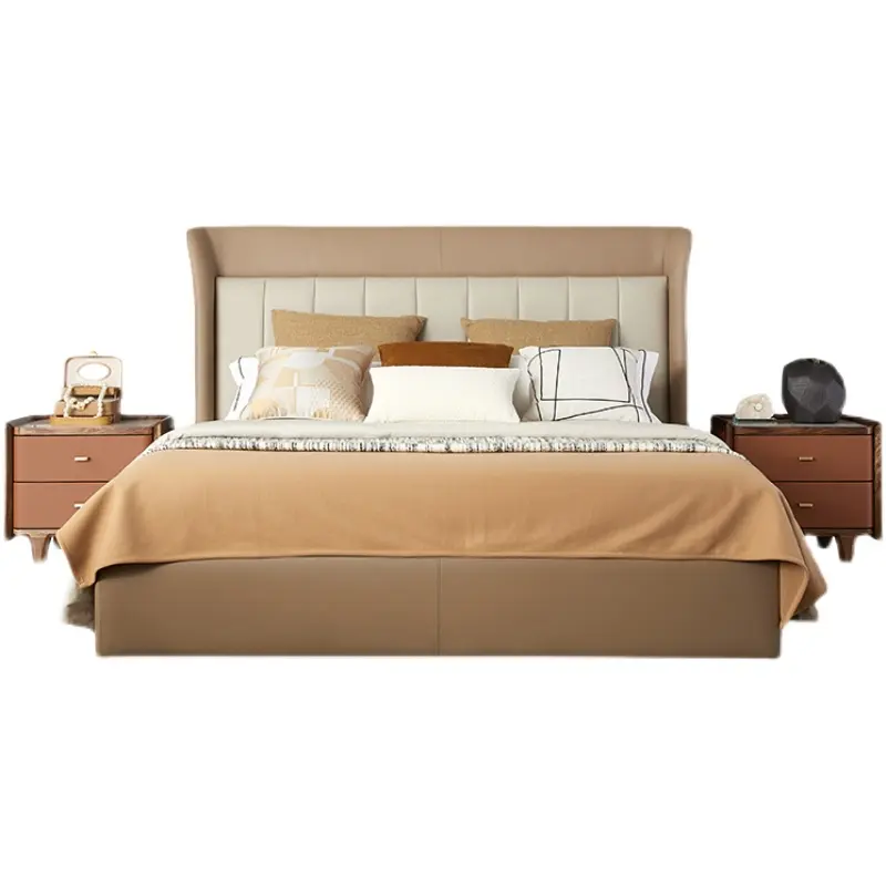 Italian Leather Bed Double Master Bedroom Wedding Bed Nordic Light Luxury Soft Simple Modern Solid Wood Leather Bed