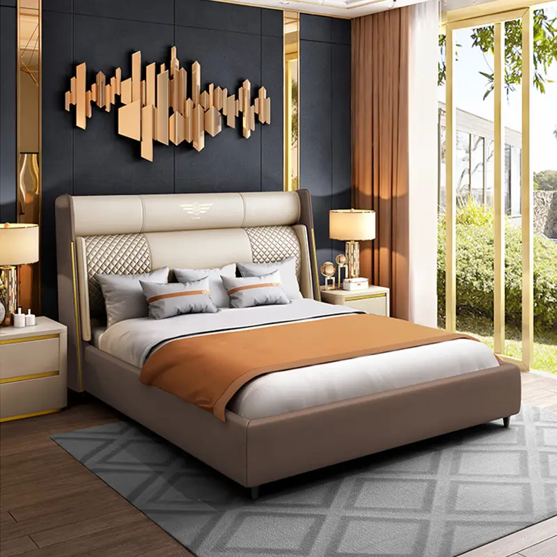 Hotel modern bed king size bedroom furniture set leather storage luxury double up-holstered beds