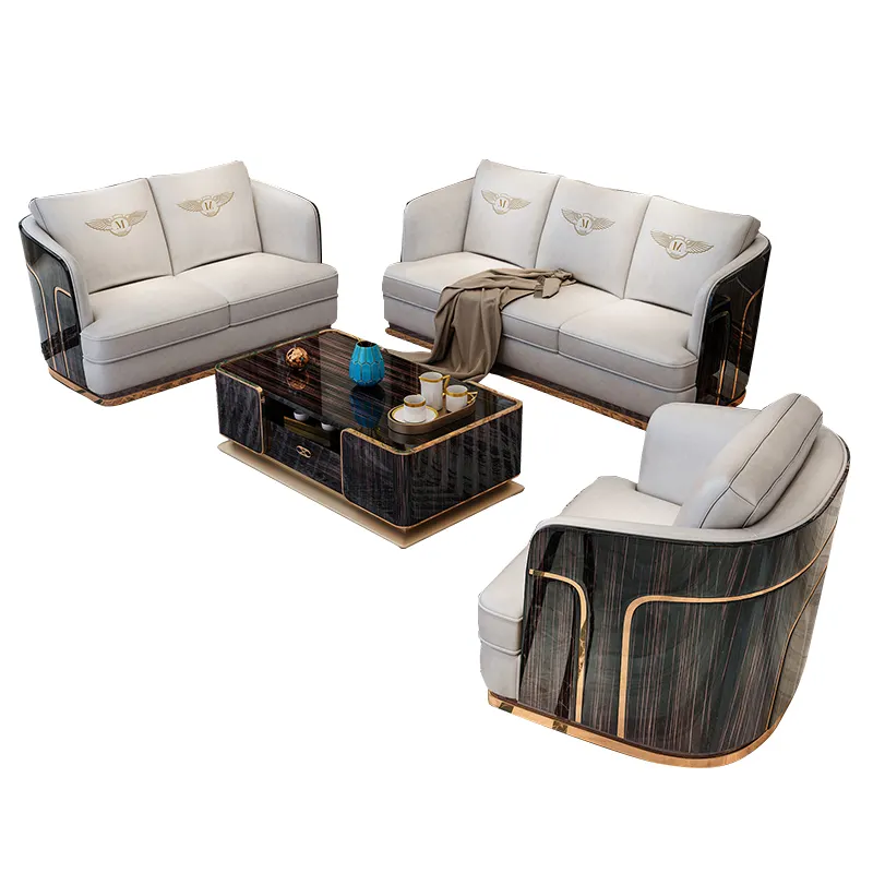 living room 3 seat white black modern leather sofa set with center tables