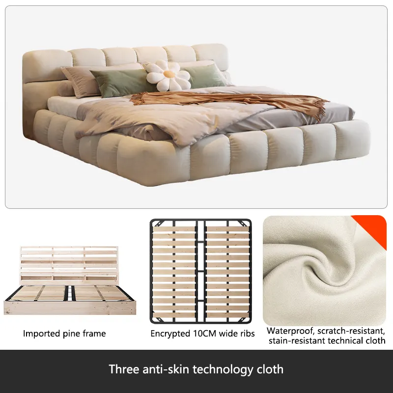 Puff french technology fabric bed home furniture simple modern milk velvet master bed double ins cream style solid wood bed