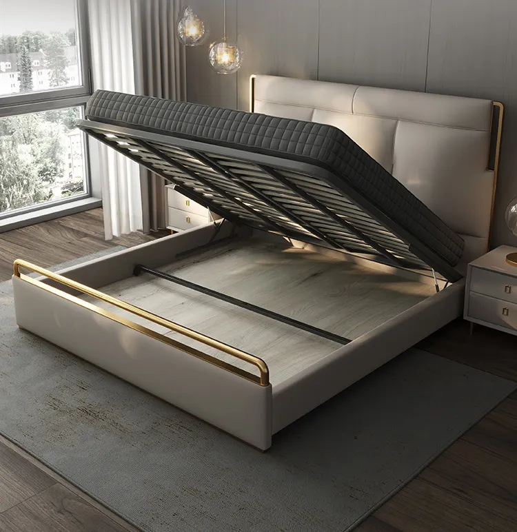 Modern light luxury leather bed new simple solid wood bed bedroom high-end Italian leather art bed for bedroom furniture