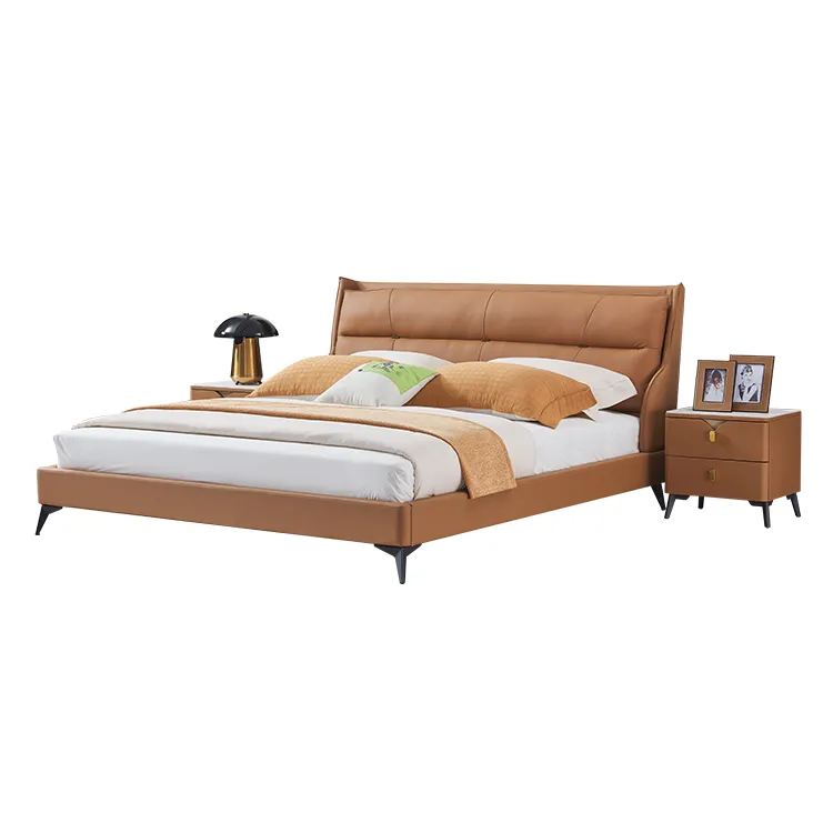 China Wholesale Modern Luxury Furniture Solid Wood Genuine King Size Leather Sofa Bed Wooden Beds