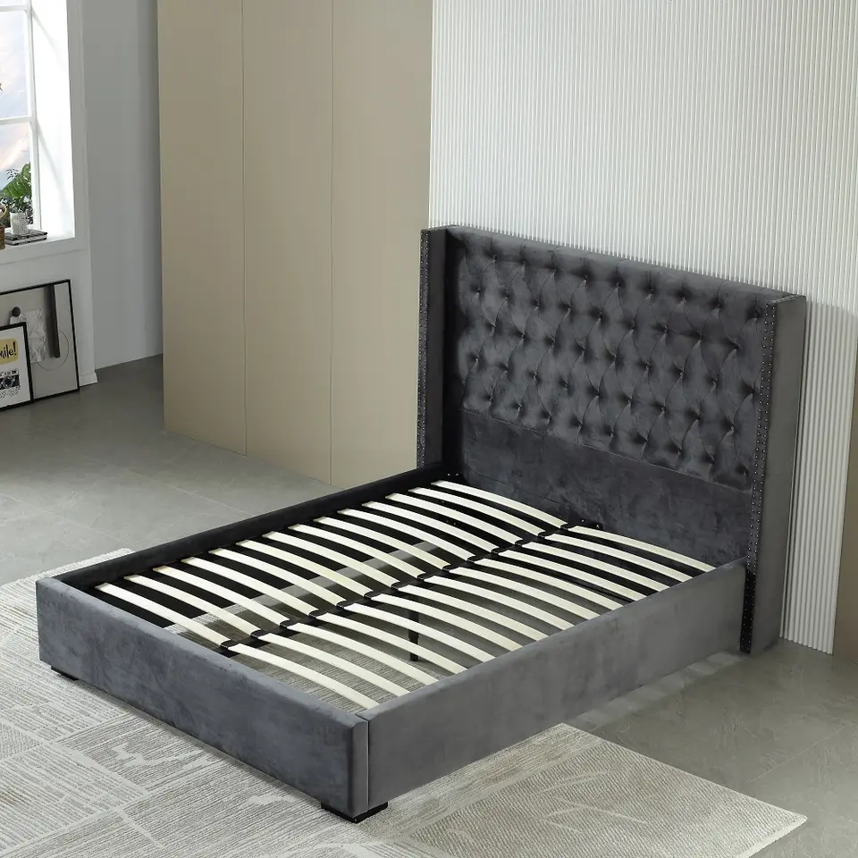 Bedroom Hotel New Button Tufted Headboard Linen Upholstered Bed Solid Wood Slat
