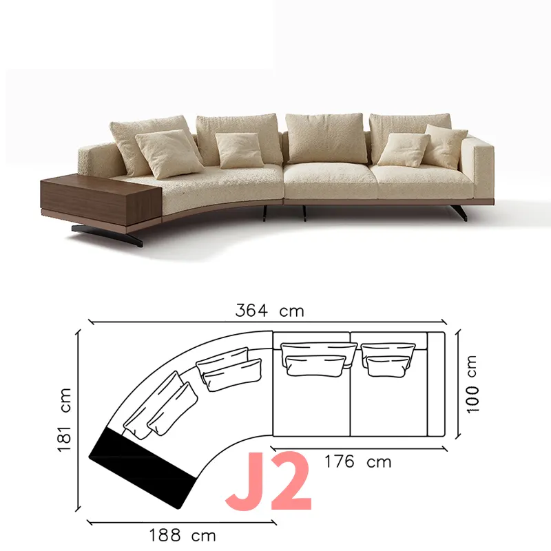 Italian Style Minimalist Curved Fabric Big Sofa Size Apartment Solid Wood Down Creative Special-Shaped Corner