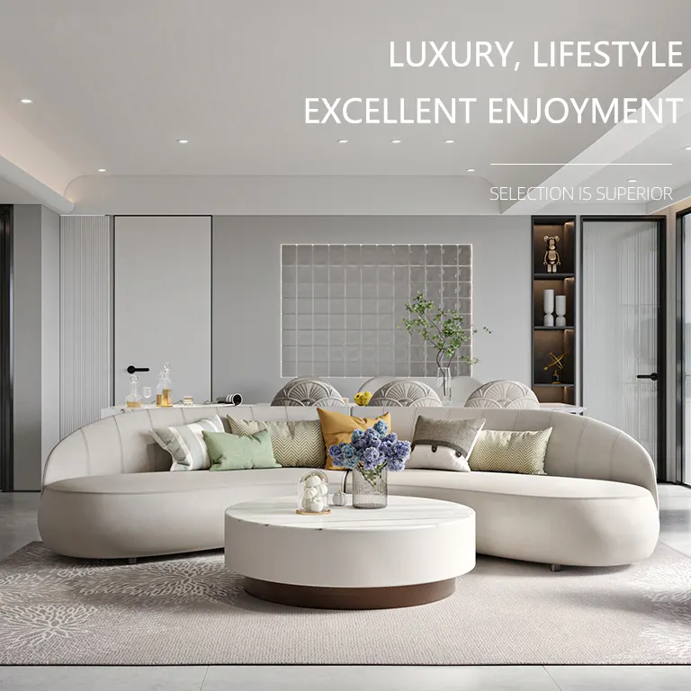 Italian Light Luxury Sofa Large-Sized Living Room U-Shaped Curved Sofa French Modern Minimalist Leather Sofa