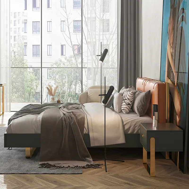 Modern light luxury leather bed 1.8m double bed Nordic minimalist luxury furniture bedroom Italian king size wedding bed