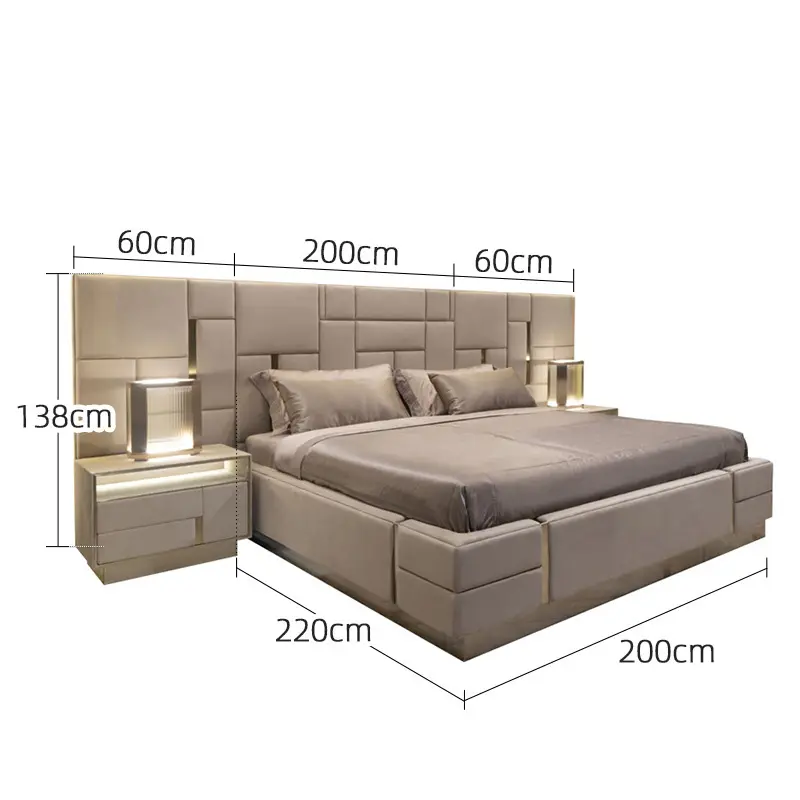 Italian light luxury 1.8 high back double bed bedside table luxury furniture bedroom leather bed set