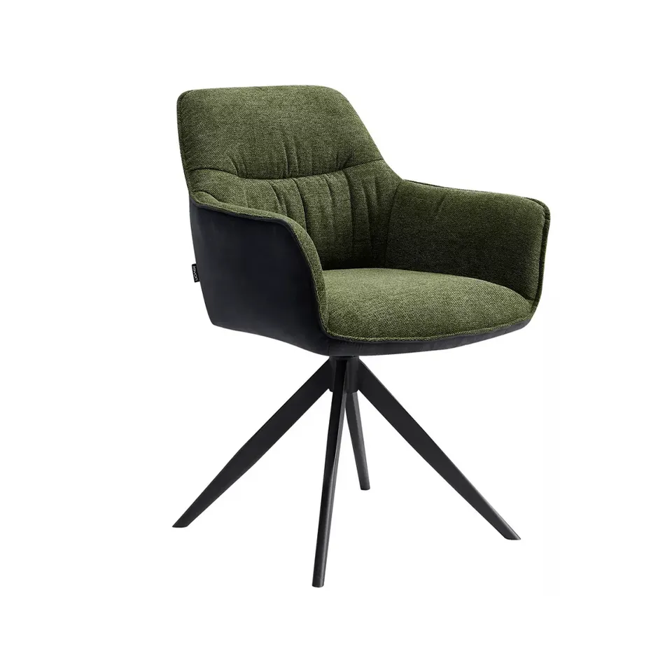 Wholesale modern linen fabric dining chair elegant dining room furniture green armchair 360 swivel metal frame dining chair