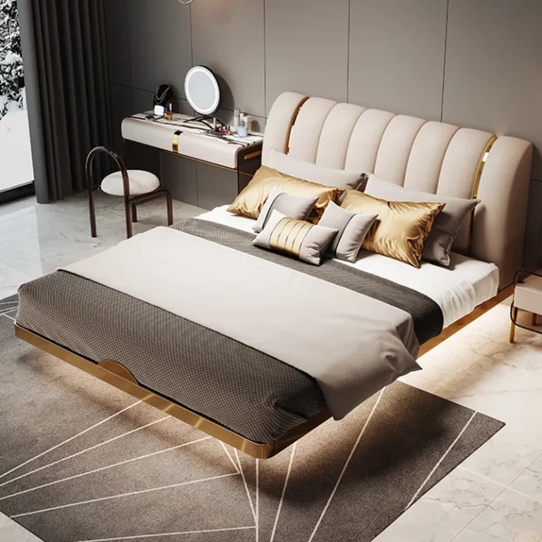 Modern home bedroom furniture queen king iron platform bed solid wood frame metal double bed