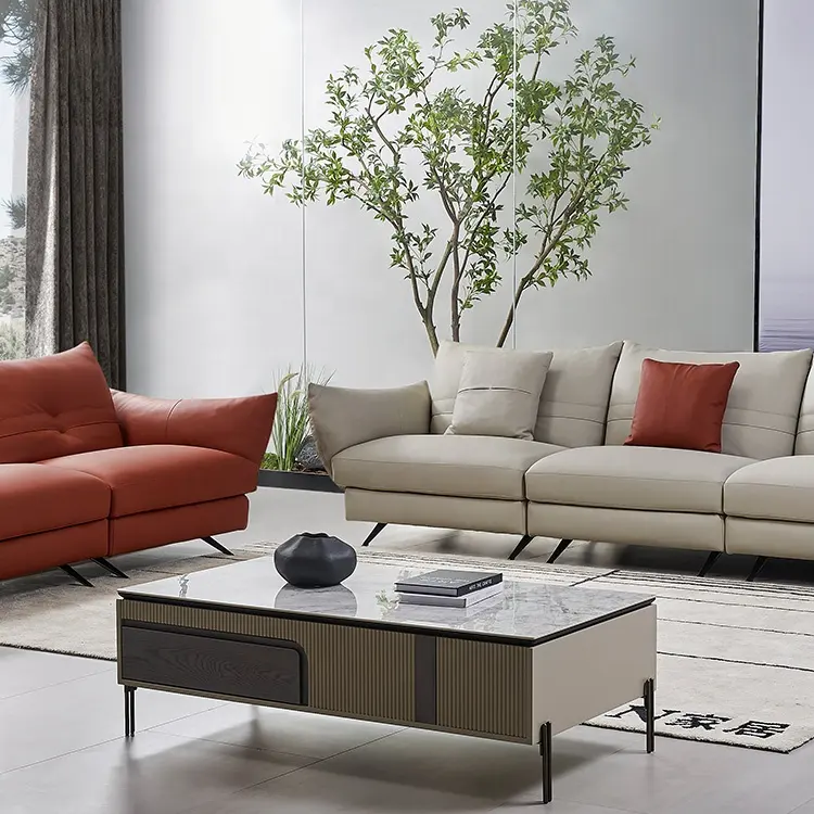 High Elastic Sponge Down Feather Imported Lychee Pattern Cow Skin Leather Couch Living Room Sectional Sofa