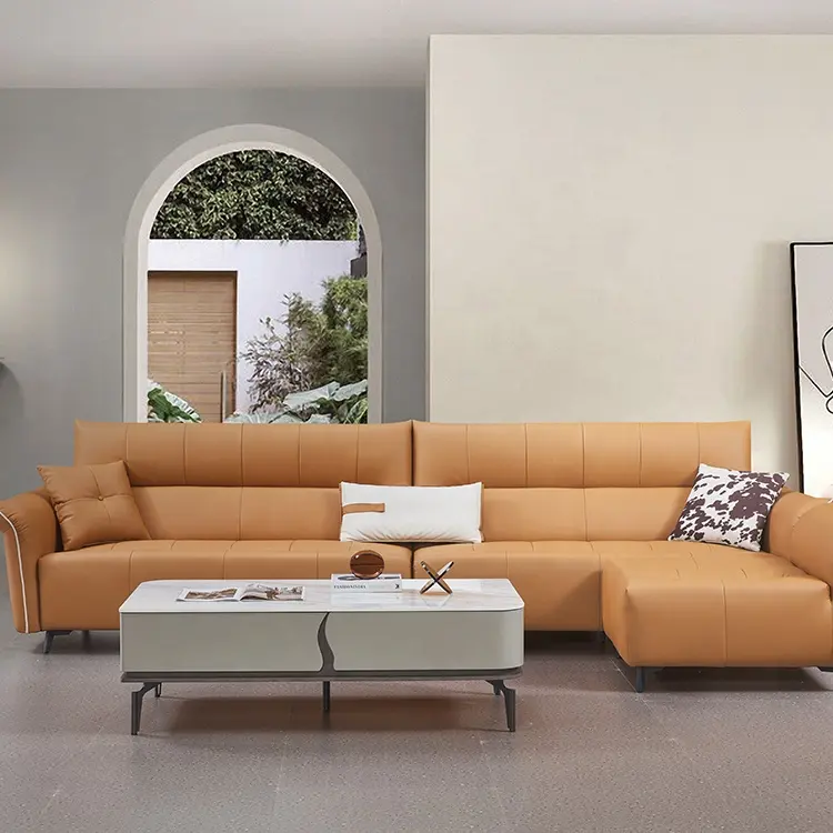 Modern Minimalist Sofa Leather And Fabric Combine Villa Furniture Living Room Chesterfield Corner Sofa Set