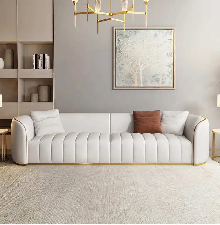 Gold Metal Style Fabric Leather Sofas Armrest Couch Covers Sofa Lines Designs Modern 3 Seater Sofa For Iiving Room Home
