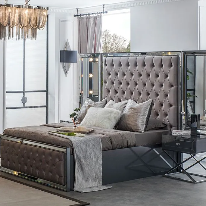 bedroom sets king size mirror metal furniture velvet fabric luxury headboard bed frame with gas lift Bed