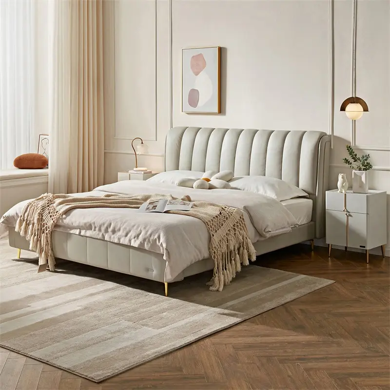 custom Litchi patterned cowhide Harp headboard king size bed furniture modern designs