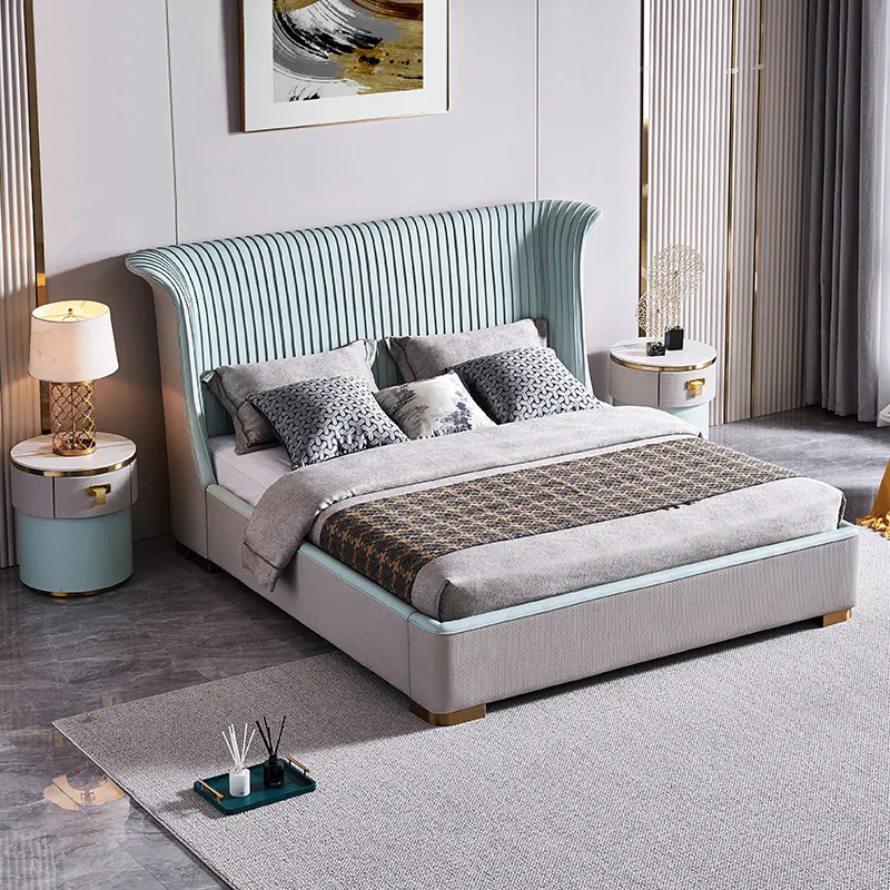 Modern double bed genuine leather beds frame modern Italian leather luxury double king size bed