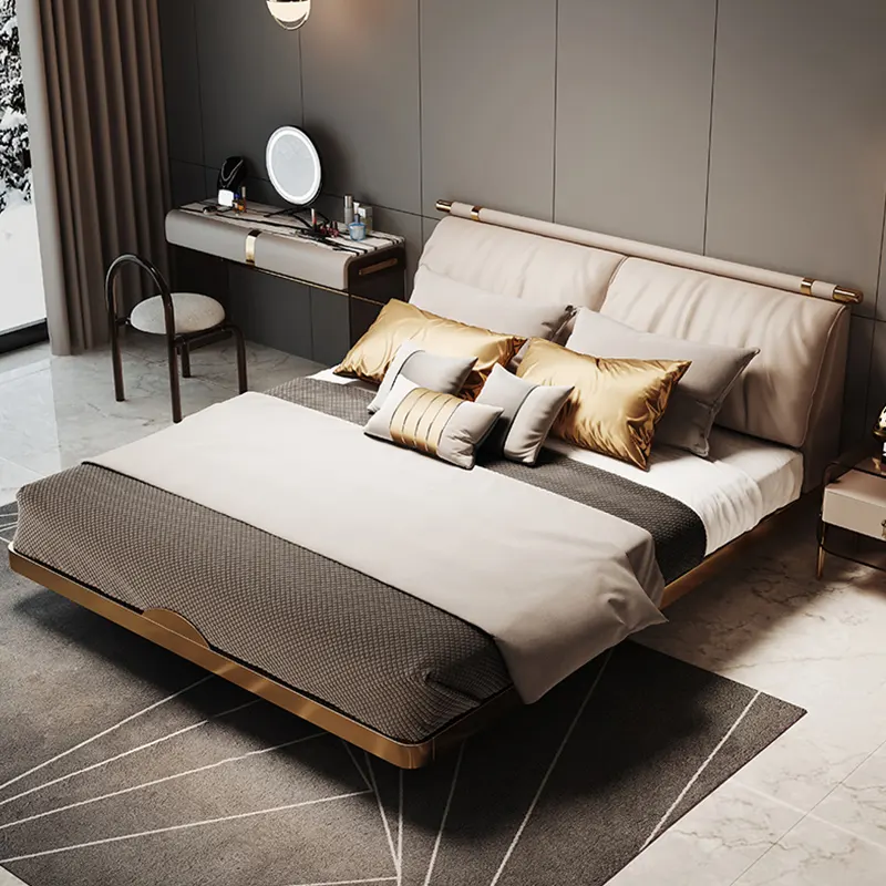 Italian Design Luxurious Bed Set Furniture Bedroom Leather Double Bed With High Headboard