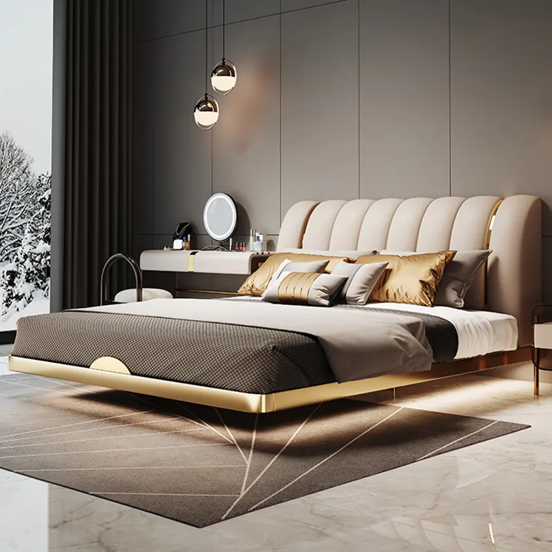 Modern home bedroom furniture queen king iron platform bed solid wood frame metal double bed