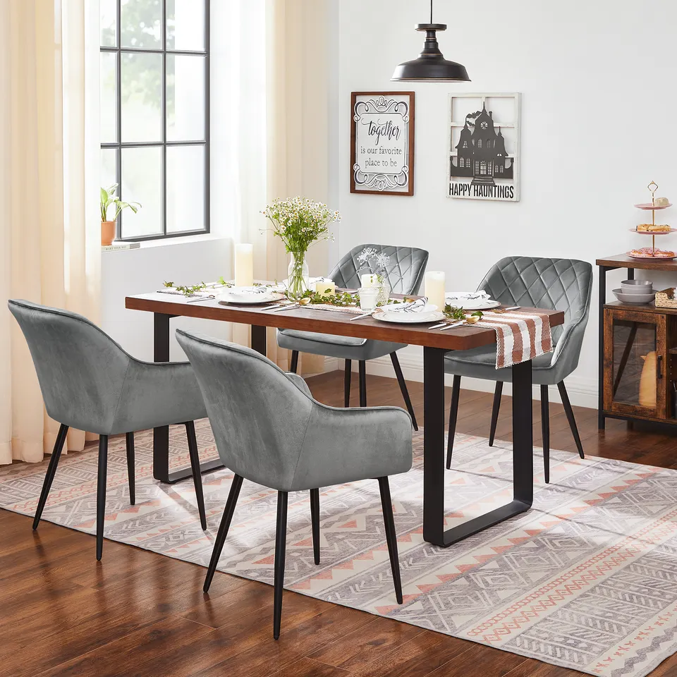 Wholesale european style velvet fabric modern upholstered backrest dining chair with metal legs