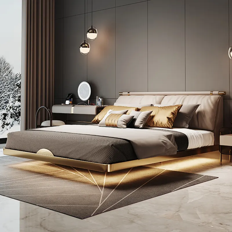 Italian Design Luxurious Bed Set Furniture Bedroom Leather Double Bed With High Headboard