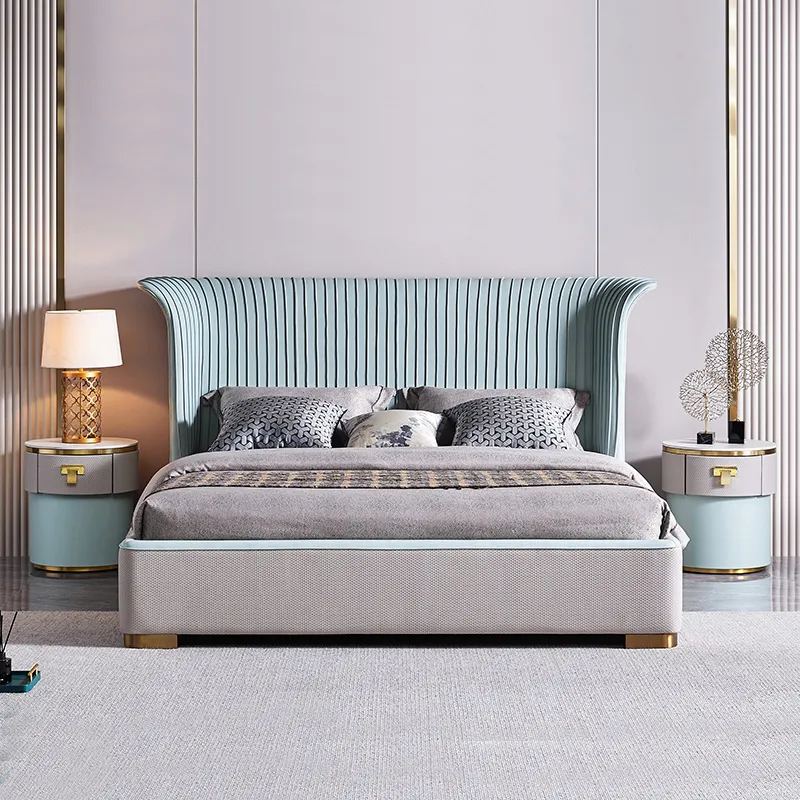 Modern double bed genuine leather beds frame modern Italian leather luxury double king size bed