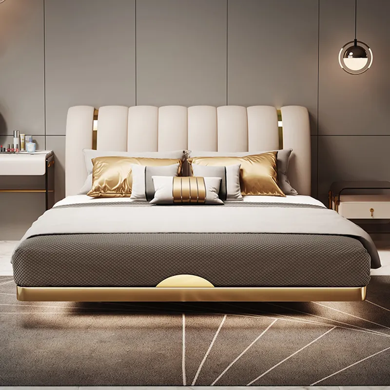 Modern home bedroom furniture queen king iron platform bed solid wood frame metal double bed