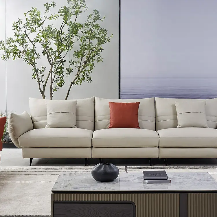High Elastic Sponge Down Feather Imported Lychee Pattern Cow Skin Leather Couch Living Room Sectional Sofa