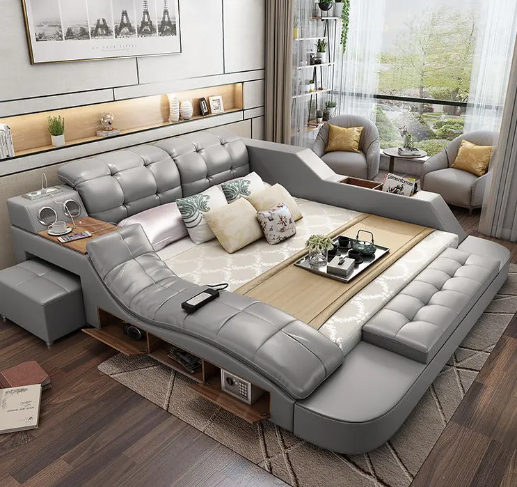 Luxury modern bedroom furniture storage multifunctional leather fabric message tatami king size wood beds