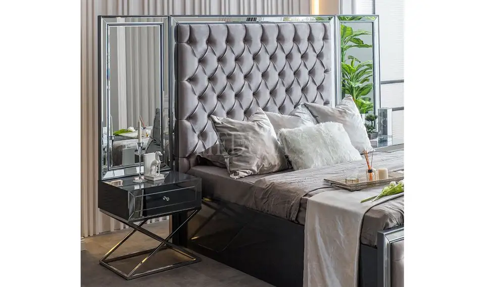 bedroom sets king size mirror metal furniture velvet fabric luxury headboard bed frame with gas lift Bed