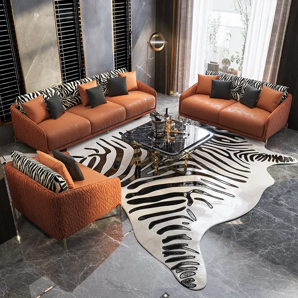Promotional luxury sofa set high quality gold tiger skin pattern italian 1 2 3 seaters home luxury sofas