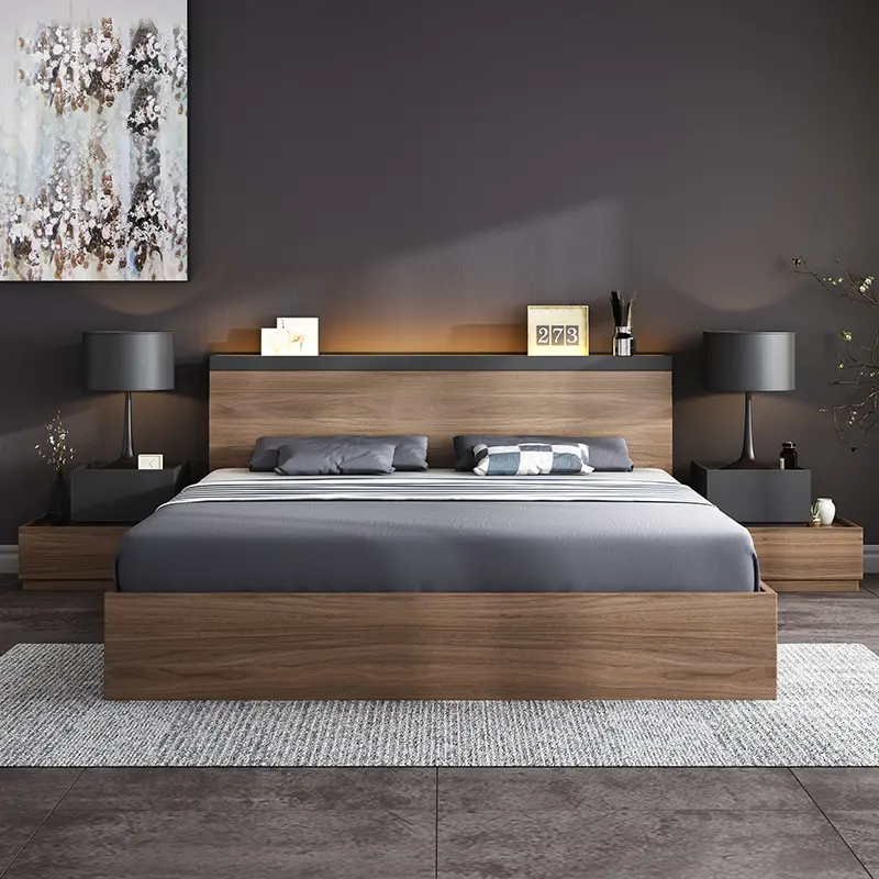 New bedroom set modern adult walnut color bed with storage luxury furniture bedroom bed with mattress
