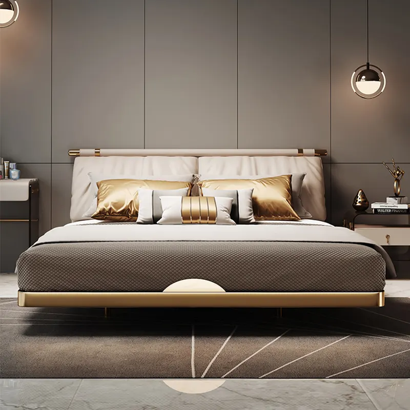 Italian Design Luxurious Bed Set Furniture Bedroom Leather Double Bed With High Headboard
