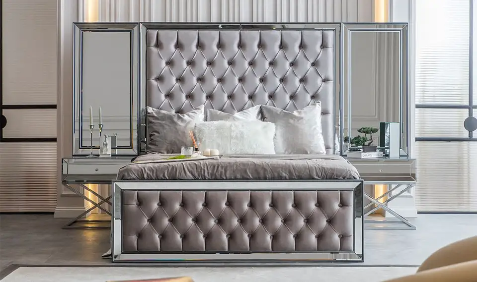 bedroom sets king size mirror metal furniture velvet fabric luxury headboard bed frame with gas lift Bed