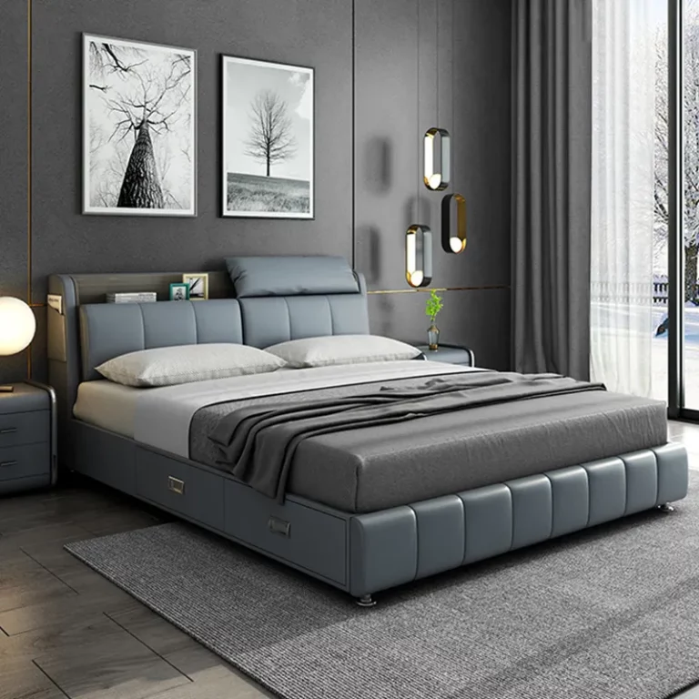 French leather bed light luxury modern minimalist master bedroom home furniture New King Size Double Marriage Bed