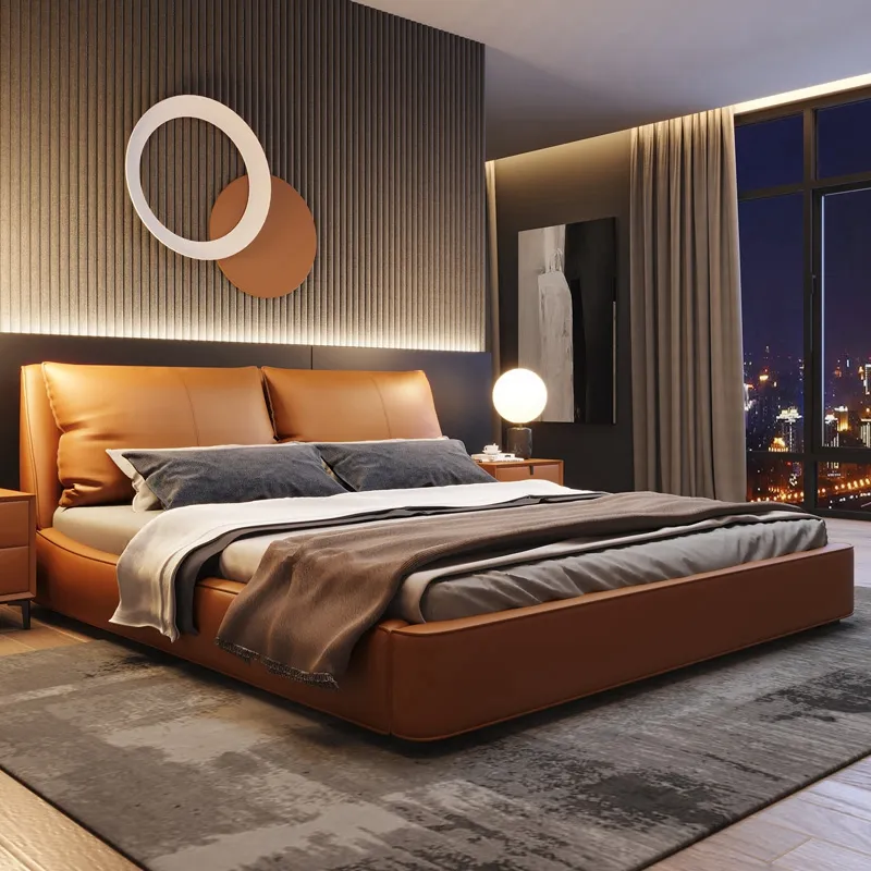 Italian minimalist leather bed master bedroom modern minimalist bed double soft package light luxury bed for bedroom furniture