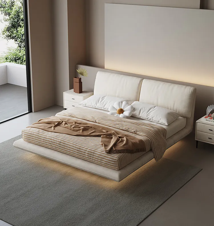 Italian minimalist suspended bed cream style light luxury solid wood bed master bedroom fabric double bed for bedroom furniture